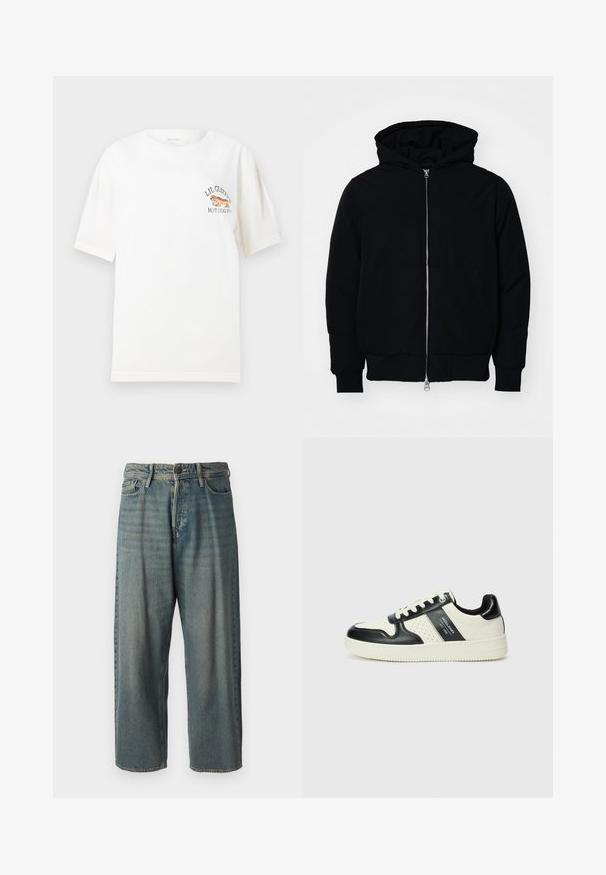 Μαύρο φούτερ με κουκούλα, με μπροστινό φερμουάρ, τσέπη καγκουρό, ραμμένα μανίκια και στρίφωμα, που προβάλλεται σε λευκό φόντο.; Λευκό βαμβακερό μπλουζάκι με κοντά μανίκια; διαθέτει πολύχρωμο κεντητό σχέδιο ενός χοτ ντογκ και κείμενο που λέει "LIL GLIZZYS HOT DOG HU."; Ανοιχτό μπλε τζιν παντελόνι με χαλαρή γραμμή, μέση μέσου ύψους και ευθείες γραμμές. Περιλαμβάνει πέντε τσέπες, θηλιές ζώνης και κούμπωμα με κουμπί.; Δερμάτινα sneakers με μαύρο και κρεμ χρωματικό σχέδιο, με διάτρητες λεπτομέρειες, επενδεδυμένο κολάρο και υφή στη σόλα.