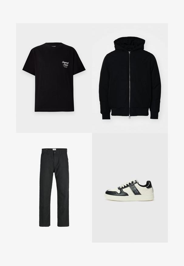 Černá kapucňová bunda s předním zipem, klokaní kapsou, vroubkovanými manžetami a spodním lemem, vystavená na čistém bílém pozadí.; Černé tričko s krátkým rukávem vyrobené z bavlny. Na levé straně hrudi má malé bílé logo. Má kulatý výstřih a standardní střih.; Černé kalhoty vyrobené z odolné tkaniny, s rovnými nohavicemi, šitými akcenty a dvěma předními kapsami pro praktičnost.; Kožené tenisky s černobílou barevnou kombinací, které mají perforované detaily, polstrovaný límec a texturovanou podrážku.