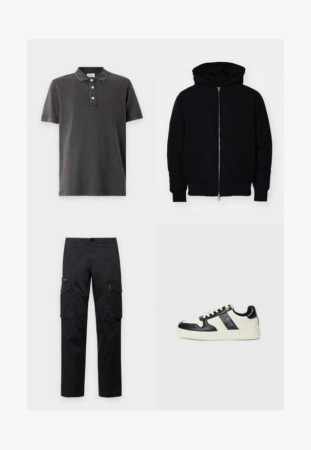 Černá kapucňová bunda s předním zipem, klokaní kapsou, vroubkovanými manžetami a spodním lemem, vystavená na čistém bílém pozadí.; Tmavě šedé polo tričko vyrobené z bavlny, se třemi knoflíky, krátkými rukávy a malým červeným logem na hrudi.; Černé cargo kalhoty s několika kapsami, zipovou kapsou na stehnu, přímým střihem a pevnou bavlněnou tkaninou s lehkým leskem.; Kožené tenisky s černobílou barevnou kombinací, které mají perforované detaily, polstrovaný límec a texturovanou podrážku.