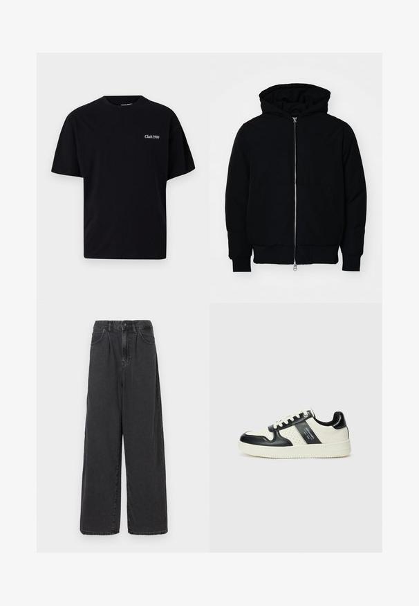 Svart hettejakke med frontglidelås, kengurulomme, ribbestrikket mansjetter og søm, vist på en ensfarget hvit bakgrunn.; Svart bomull T-skjorte med rund hals og korte ermer. Har hvit tekst "Club1990" på venstre brystområde. Enkelt, uten dekorasjoner.; Bredde ben, høy midje svarte dongeri bukser med knapp og glidelås foran, med sidelommer og en glatt tekstur.; Lædersneakers med sort og creme farveskema, der har perforerede detaljer, en polstret krave og en struktureret ydersål.