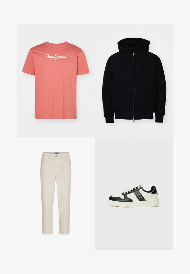 Černá kapucňová bunda s předním zipem, klokaní kapsou, vroubkovanými manžetami a spodním lemem, vystavená na čistém bílém pozadí.; Pepe Jeans EGGO - Triko s potiskem - cedar wood brown; Béžové džíny rovného střihu s předním zapínáním na knoflík, poutky na pásek a pěticí kapsami, vystavené na bílém pozadí.; Kožené tenisky s černobílou barevnou kombinací, které mají perforované detaily, polstrovaný límec a texturovanou podrážku.