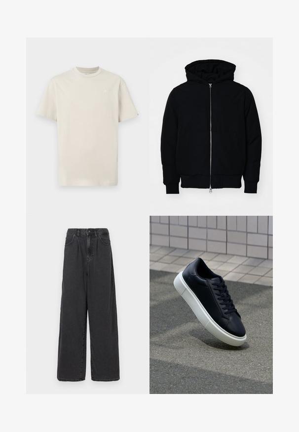 Schwarze Kapuzenjacke mit Frontreißverschluss, Kängurutasche, gerippten Bündchen und Saum, auf einem schlichten weißen Hintergrund präsentiert.; Helle beige Baumwoll-T-Shirt mit Rundhalsausschnitt, kurzen Ärmeln und einem kleinen gestickten Logo auf der Brust. Einfaches, reguläres Schnittdesign.; Weite, hoch geschnittene schwarze Jeanshose mit einem Frontknopf und Reißverschluss, ausgestattet mit seitlichen Taschen und einer glatten Textur.; Schwarze Leder-Sneaker mit runder Zehenpartie und weißer Gummisohle. Verfügt über flache Schnürsenkel und minimale Nähte im Obermaterial. Strukturiertes Sohlenprofil für besseren Halt.