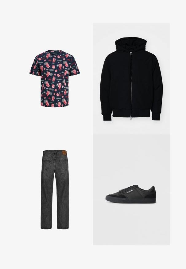 Chaqueta negra con capucha, cierre frontal, bolsillo tipo canguro, y puños y dobladillo acanalados, exhibida sobre un fondo blanco liso.; Camiseta de manga corta azul marino con estampados navideños en rojo y blanco, incluyendo a Papá Noel, regalos y texto festivo en varios diseños.; Jeans de mezclilla negra con un diseño de pierna recta, estilo de cinco bolsillos y un parche de cuero marrón en la cinturilla. Tejido texturizado con detalles de costura.; Zapatillas negras con una combinación de materiales de cuero y ante, con cordones redondos, suela de goma texturizada y un logo de la marca en el lateral.
