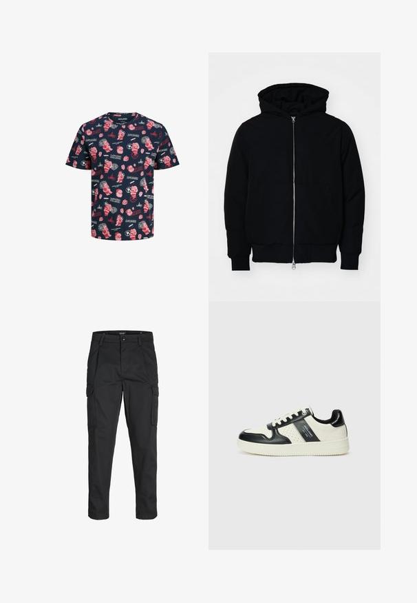 Jachetă neagră cu glugă, cu fermoar în față, buzunar tip kangaroo, mansete și tiv ribbed, prezentată pe un fundal alb simplu.; Tricou cu mânecă scurtă de culoare bleumarin, decorat cu imprimeuri tematice de Crăciun în nuanțe de roșu și alb, inclusiv Moș Crăciun, cadouri și text festiv în diferite modele.; Pantaloni cargo negri dintr-un material rezistent, cu multiple buzunare, închidere cu nasture și un design slim fit cu picioare conice.; Tenisi din piele cu un scheme de culori negru și crem, dotati cu accente perforate, guler căptușit și o talpă texturată.