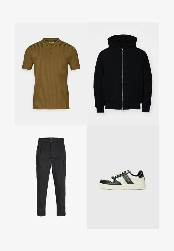 Fekete kapucnis dzseki elülső cipzárral, kenguruzsebbel, bordázott mandzsettákkal és aba, egy sima fehér háttér előtt.; Egy bordázott, rövid ujjú polo ing olíva zöld színben, klasszikus gallérral és három gombos záródással. Puha tapintás és karcsú szabás.; Fekete cargo nadrág, amely tartós anyagból készült, több zsebet tartalmaz, gombos záródással rendelkezik, és karcsú szabású, szűkített lábakkal bír.; Fekete és krém színű bőrsneaker, perforált díszítésekkel, párnázott bokapánttal és texturált talppal.