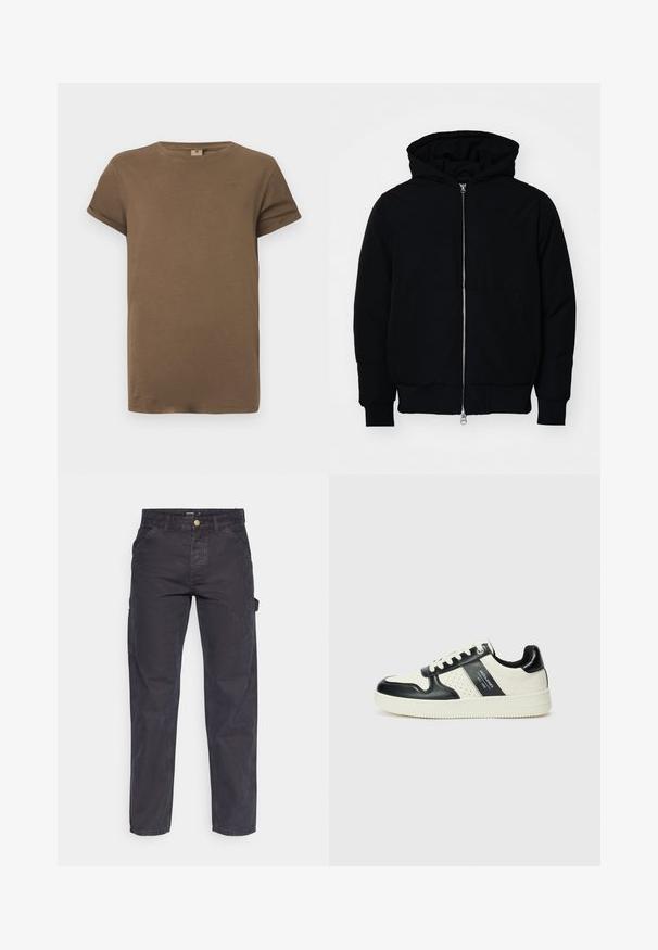 Juodas gobtuvėlis su priekiniu užtrauktuku, kengūros tipo kišene, lygiais rankogaliais ir apvadu, pateiktas ant vientiso balto fono.; Rudas trumpas rankovėmis medvilninis marškinėliai su apvaliu iškirpimu ir suvyniotomis rankovėmis, rodomas prieš baltą fono.; Tamsiai pilkos krovininės kelnės, pagamintos iš patvarios medžiagos, su tiesaus kirpimo, penkiomis kišenėmis ir mygtukiniu užtrauktuku liemens srityje.; Odiniai sportbačiai juodos ir kreminės spalvų schemoje, su perforuotais akcentais, paminkštinta apykakle ir tekstūruotu padu.