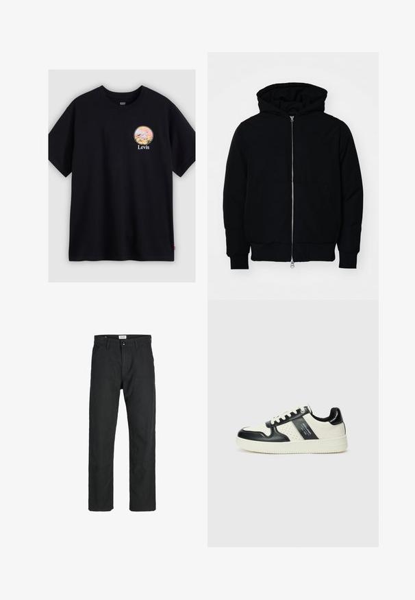 Melna kapucēta jaka ar priekšējo rāvējslēdzēju, kenguru kabatu, ribinātām aprocēm un apakšmalu, parādīta uz vienkārša balta fona.; Melna kokvilnas T-krekls ar apaļu grafisku dizainu pastelīgās krāsās, attēlojošu ainavu un vārdu "Levis" zem grafikas.; Melnas bikses no izturīga auduma, ar taisna griezuma dizainu, izšūtām akcentiem un divām priekšējām kabatām funkcionālitātei.; Ādas sporta apavi ar melnbaltu krāsu shēmu, ar perforētiem akcentiem, mīkstinātu apkakli un teksturētu zoli.