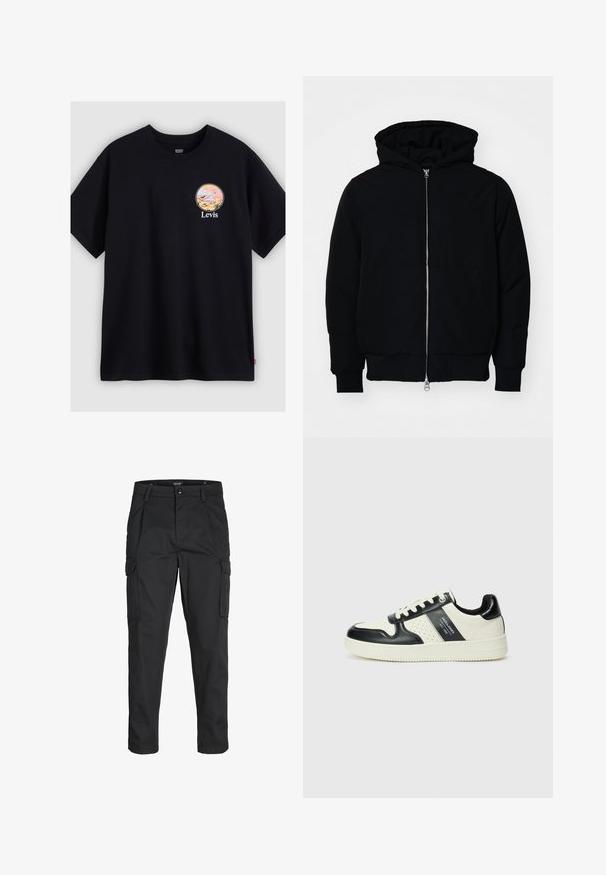 Black hooded jacket with front zipper, kangaroo pocket, ribbed cuffs, and hem, displayed on a plain white background.; Black cotton T-shirt featuring a round graphic design with pastel colors, depicting a landscape and the word "Levis" beneath the graphic.; Black cargo pants made of sturdy fabric, featuring multiple pockets, a button closure, and a slim fit design with tapered legs.; Leather sneakers with a black and cream color scheme, featuring perforated accents, a padded collar, and a textured outsole.