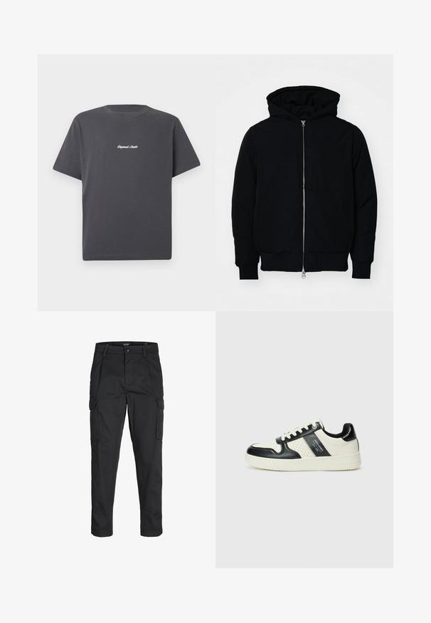 Svart huoodiejacka med framdragkedja, känguruficka, ribbade ärmslut och nederkant, uppställd mot en vit bakgrund.; Mörkgrå bomullströja med kort ärm, rund hals och vit broderad text "Original Studio" på bröstet. Enkelt design.; Svarta cargobyxor tillverkade av hållbart tyg, med flera fickor, knappstängning och en smal passform med avsmalnande ben.; Läder sneakers med en svart och krämfärgad färgsättning, med perforerade detaljer, en vadderad krage och en strukturerad yttersula.