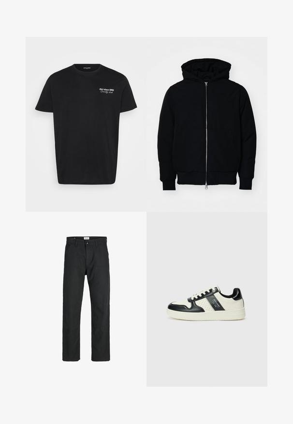 Mustaga kapuutsiga jakk, millel on esineed, kenguru tasku, soonikkoes, ja alläär, esitatud lihtsal valgel taustal.; Musta lühikeste varrukatega ümarate lõikega T-särk, mille vasakul rinnal on valge tekst "J&J alates 1990 Selts".; Mustad mustad, mis on valmistatud vastupidavast kangast, sirge jala disainiga, õmmeldud detailidega ja kahe eesmise taskuga funktsionaalsuse jaoks.; Nahatud nahkkingad musta ja kreemi värviskeemiga, millel on perforeeritud aktsendid, pehme krae ja tekstureeritud tallad.