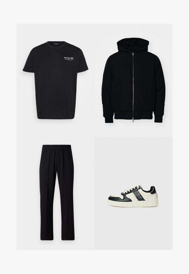 Melna kapucēta jaka ar priekšējo rāvējslēdzēju, kenguru kabatu, ribinātām aprocēm un apakšmalu, parādīta uz vienkārša balta fona.; Melnas īsām piedurknēm T-kreklis ar balto uzrakstu "J&J since 1990 Society club" kreisajā krūtī.; Melni elastīgi bikses ar taisnas kājas dizainu, ar gludu tekstūru un bez redzamām zīmēm vai detaļām.; Ādas sporta apavi ar melnbaltu krāsu shēmu, ar perforētiem akcentiem, mīkstinātu apkakli un teksturētu zoli.