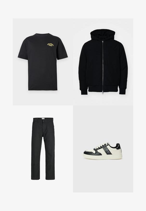 Mustaga kapuutsiga jakk, millel on esineed, kenguru tasku, soonikkoes, ja alläär, esitatud lihtsal valgel taustal.; Must jämeda käistega must puuvillane T-särk, millel on kollane "FRANKS PIES" tekst vasakul ülanurgas.; Mustad mustad, mis on valmistatud vastupidavast kangast, sirge jala disainiga, õmmeldud detailidega ja kahe eesmise taskuga funktsionaalsuse jaoks.; Nahatud nahkkingad musta ja kreemi värviskeemiga, millel on perforeeritud aktsendid, pehme krae ja tekstureeritud tallad.