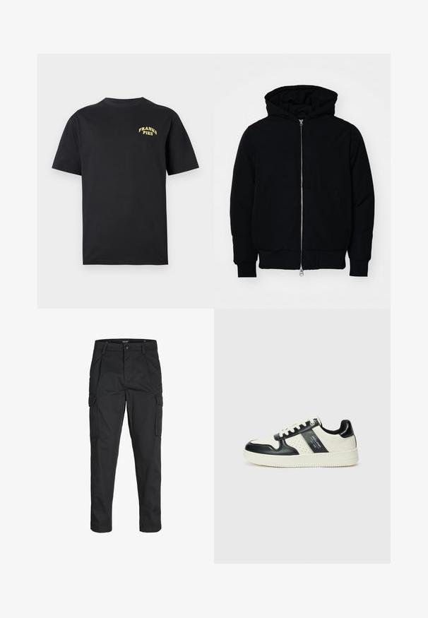 Mustaga kapuutsiga jakk, millel on esineed, kenguru tasku, soonikkoes, ja alläär, esitatud lihtsal valgel taustal.; Must jämeda käistega must puuvillane T-särk, millel on kollane "FRANKS PIES" tekst vasakul ülanurgas.; Mustad mustapõlvik, mis on valmistatud tugeva koe kasutades, sisaldab mitmeid taskuid, nupule kinnitatav sulgemine ja kitsenev disain.; Nahatud nahkkingad musta ja kreemi värviskeemiga, millel on perforeeritud aktsendid, pehme krae ja tekstureeritud tallad.