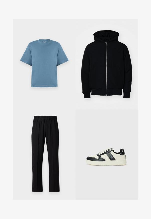 Zwarte hoodie met rits aan de voorkant, kangoeroe-pocket, geribbelde manchetten en zoom, weergegeven op een effen witte achtergrond.; Blauw T-shirt met korte mouwen, gemaakt van katoen, met een ronde hals en een ontspannen pasvorm. Gladde textuur, minimalistisch ontwerp, geen patronen of accenten.; Zwarte, elastische broek met rechte pijpen, met een gladde textuur en zonder zichtbare patronen of hardware.; Leren sneakers met een zwart en crèmekleurig kleurenschema, voorzien van geperforeerde accenten, een gevoerde kraag en een gestructureerde buitenzool.