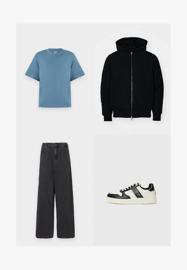 Sort hættejakke med frontlynlås, kængurulomme, ribbede manchetter og kant, præsenteret på en ensfarvet hvid baggrund.; Blå kortærmet t-shirt, lavet af bomuld, med rund hals og løs pasform. Glat tekstur, minimalistisk design, uden mønstre eller accenter.; Bredde ben, høj talje sorte denimbukser med frontknap og lynlås, der har sidelommer og en glat overflade.; Lædersneakers i sort og creme farveskema, med perforerede detaljer, en polstret krave og en struktureret ydersål.