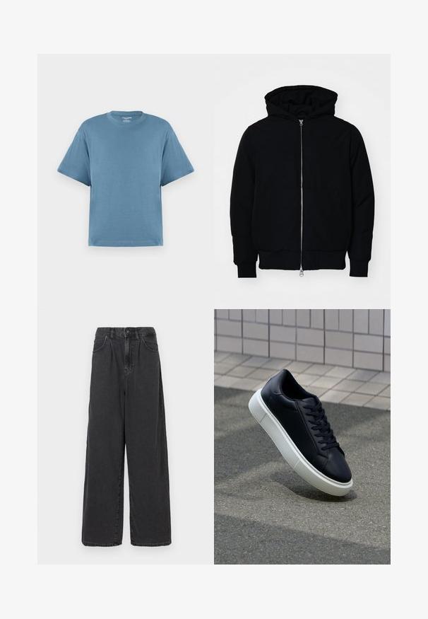 Sort hættejakke med frontlynlås, kængurulomme, ribbede manchetter og kant, præsenteret på en ensfarvet hvid baggrund.; Blå kortærmet t-shirt, lavet af bomuld, med rund hals og løs pasform. Glat tekstur, minimalistisk design, uden mønstre eller accenter.; Bredde ben, høj talje sorte denimbukser med frontknap og lynlås, der har sidelommer og en glat overflade.; Sort lædersneaker med rund tå og hvid gummisål. Har flade snørebånd og minimal syning på overdelen. Tekstureret sål for bedre greb.