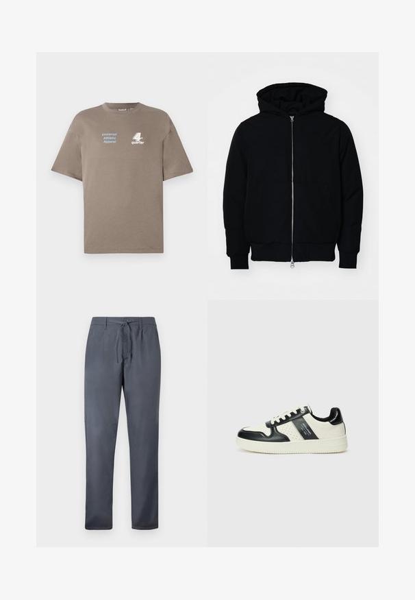 Veste à capuche noire avec fermeture éclair sur le devant, poche kangourou, poignets et ourlet côtelés, présentée sur un fond blanc uni.; T-shirt en coton brun avec un col rond. Présente le texte bleu "Universal Athletic Apparel" et le logo blanc "4th quarter" sur le devant. Manches courtes.; Pantalon gris en tissu lisse, doté d'une fermeture à cordon de serrage et de poches latérales. Design à jambes droites avec une finition soignée.; Baskets en cuir avec un schéma de couleurs noir et crème, dotées d'accents perforés, d'un col rembourré et d'une semelle texturée.