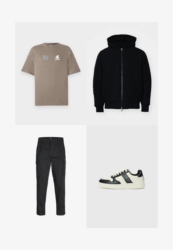 Crna kapuška jakna s prednjim zatvaračem, kenguru džepom, rebrastim manžetama i rubom, prikazana na običnoj bijeloj pozadini.; Smeđi pamučni majica s okruglim izrezom. Ima plavi tekst "Universal Athletic Apparel" i bijeli logo "4th quarter" sprijeda. Kratki rukavi.; Crne cargo hlače izrađene od čvrstog materijala, s brojnim džepovima, kopčanjem na gumb i dizajnom koji pomaže da se prilagode tijelu sa suženim nogavicama.; Kožne tenisice s crno-bijelom paletom boja, koje imaju perforirane akcentne detalje, podstavljeni ovratnik i teksturiranu potplat.