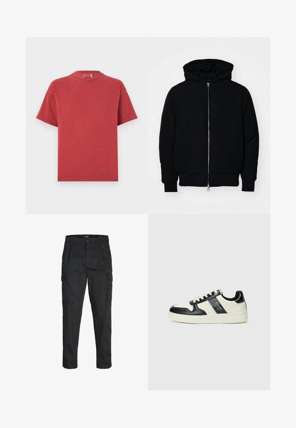 Fekete kapucnis dzseki elülső cipzárral, kenguruzsebbel, bordázott mandzsettákkal és aba, egy sima fehér háttér előtt.; Piros pamut póló kerek nyakkal és rövid ujjal, puha tapintással és laza szabású. Nincsenek látható minták vagy fém részletek.; Fekete cargo nadrág, amely tartós anyagból készült, több zsebet tartalmaz, gombos záródással rendelkezik, és karcsú szabású, szűkített lábakkal bír.; Fekete és krém színű bőrsneaker, perforált díszítésekkel, párnázott bokapánttal és texturált talppal.