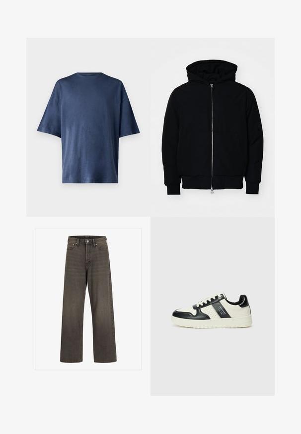 Schwarze Kapuzenjacke mit Frontreißverschluss, Kängurutasche, gerippten Bündchen und Saum, auf einem schlichten weißen Hintergrund präsentiert.; Marineblaue Kurzarm-T-Shirt aus weichem Stoff, mit klassischen Rundhalsausschnitt und lockerer Passform, ohne sichtbare Muster oder Akzente.; Weite Jeans aus dunkelgrauem Denim mit hoher Taille, klassischem Fünf-Taschen-Design und kontrastierendem Stepp entlang der Nähte.; Leder-Sneaker in Schwarz- und Cremetönen, mit perforierten Akzenten, einem gepolsterten Kragen und einer strukturierten Laufsohle.