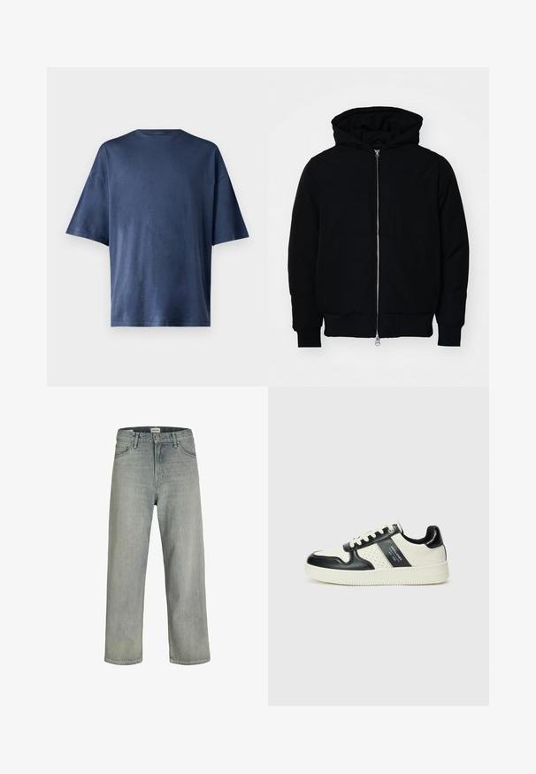 Sort hættejakke med frontlynlås, kængurulomme, ribbede manchetter og kant, præsenteret på en ensfarvet hvid baggrund.; Marineblå kortærmet T-shirt, lavet af blødt stof, har en klassisk rund hals og løs pasform, uden synlige mønstre eller accenter.; Lysegrå, løstsiddende jeans lavet af denim. Har et klassisk fem-lomme design, bæltestropper og en lige ben silhuet.; Lædersneakers i sort og creme farveskema, med perforerede detaljer, en polstret krave og en struktureret ydersål.