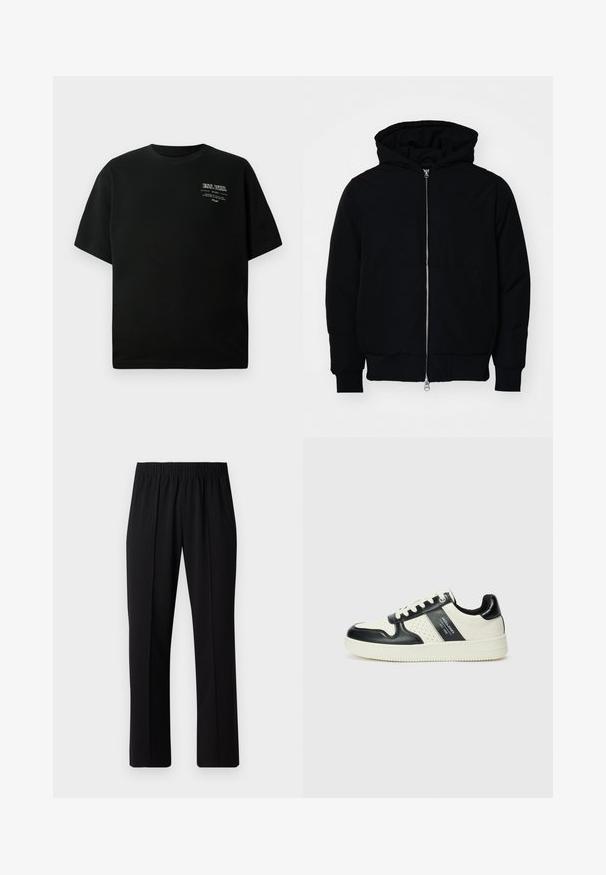 Czarna kurtka z kapturem, z suwakiem z przodu, kieszenią kangurką, ściągaczami przy mankietach i dolnym brzegu, prezentowana na jednolitym białym tle.; Czarna bawełniana koszulka z okrągłym dekoltem i krótkimi rękawami; posiada białe nadrukowane teksty po górnej lewej stronie. Gładka tekstura.; Czarne spodnie z elastycznym pasem o prostym kroju, z gładką strukturą i bez widocznych wzorów czy elementów metalowych.; Skórzane sneakersy w czarno-kremowym schemacie kolorystycznym, z perforowanymi akcentami, wyściełanym kołnierzem i teksturowaną podeszwą.
