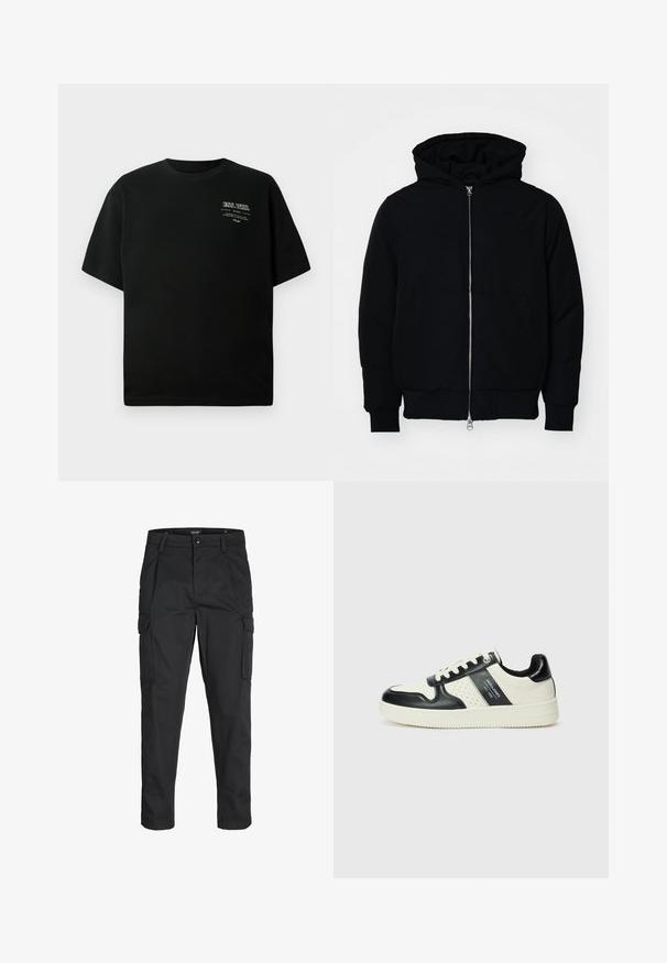 Czarna kurtka z kapturem, z suwakiem z przodu, kieszenią kangurką, ściągaczami przy mankietach i dolnym brzegu, prezentowana na jednolitym białym tle.; Czarna bawełniana koszulka z okrągłym dekoltem i krótkimi rękawami; posiada białe nadrukowane teksty po górnej lewej stronie. Gładka tekstura.; Czarne spodnie cargo wykonane z wytrzymałego materiału, z wieloma kieszeniami, zapięciem na guzik oraz zwężanym krojem nogawek.; Skórzane sneakersy w czarno-kremowym schemacie kolorystycznym, z perforowanymi akcentami, wyściełanym kołnierzem i teksturowaną podeszwą.