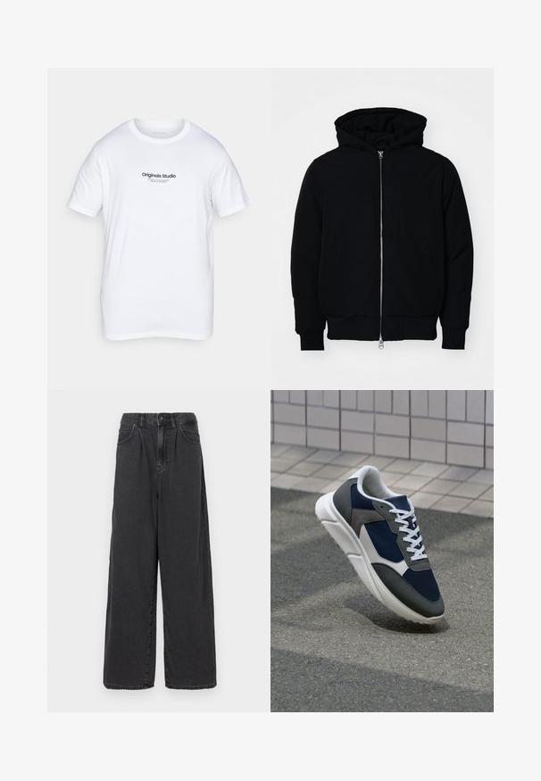 Black hooded jacket with front zipper, kangaroo pocket, ribbed cuffs, and hem, displayed on a plain white background.; White cotton t-shirt with short sleeves. Features a black printed logo "Originals Studio" on the front. Classic crew neck design.; Wide-leg, high-waisted black denim pants with a front button and zipper closure, featuring side pockets and a smooth texture.; Sneaker featuring a navy blue mesh upper, gray suede accents, white rubber sole, and flat white laces, designed for comfort and breathability.