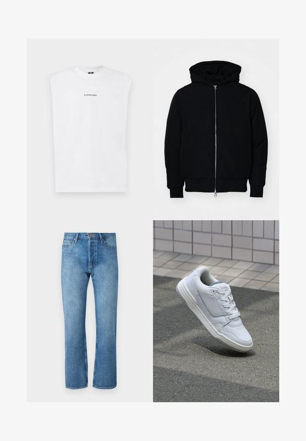 Mustat huppu-untuvatakki, jossa on vetoketju edessä, kenguru-tasku, ribatut hihansuut ja helma, esillä yksinkertaisella valkoisella taustalla.; Valkoinen hihaton t-paita, joka on valmistettu puuvillasta. Siinä on pyöreä kaula-aukko ja etuosassa musta "G-STAR RAW" -logo. Pehmeä rakenne.; Vaaleansiniset farkut suoran lahkeensuunnitelman kanssa, joissa on klassinen viisi taskua -muotoilu, nappikiinnitys ja poikkitikkaukset.; Valkoinen nahkakengät, joissa on rei'itetyt sivut, teksturoituja yksityiskohtia, tasaiset nauhat ja erottuva harmaa kanta. Varrella on hieman kohotettu pohja.