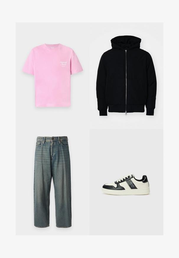 Črna kapuca jakna s sprednjim zadrgo, kenguru žepom, rebrastimi manšetami in hemom, razstavljena na enostavni beli ozadju.; Roza bombažna majica s kratkimi rokavi in okroglo ovratnikom. Na prsih ima majhen bel napis "Originals Studio".; Svetlomoderne kavbojke z ohlapnim krojem, srednjim pasom in ravnimi nogami. Imajo pet žepov, zanke za pas in zapiranje na gumb.; Usnjeni športni čevlji z črno in krem barvno shemo, ki vključujejo perforirane dodatke, podložen ovratnik in strukturirano podplat.