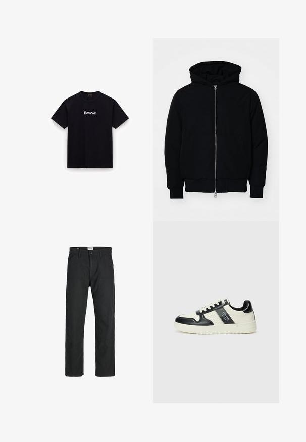 Črna kapuca jakna s sprednjim zadrgo, kenguru žepom, rebrastimi manšetami in hemom, razstavljena na enostavni beli ozadju.; Črna bombažna majica s krožnim izrezom, kratkimi rokavi in belim stiliziranim logotipom na prsih. Gladka tekstura, sproščen kroj.; Črne hlače iz trpežnega materiala, s krojem naravnih nog, našitki ter dvema sprednjima žepoma za funkcionalnost.; Usnjeni športni čevlji z črno in krem barvno shemo, ki vključujejo perforirane dodatke, podložen ovratnik in strukturirano podplat.