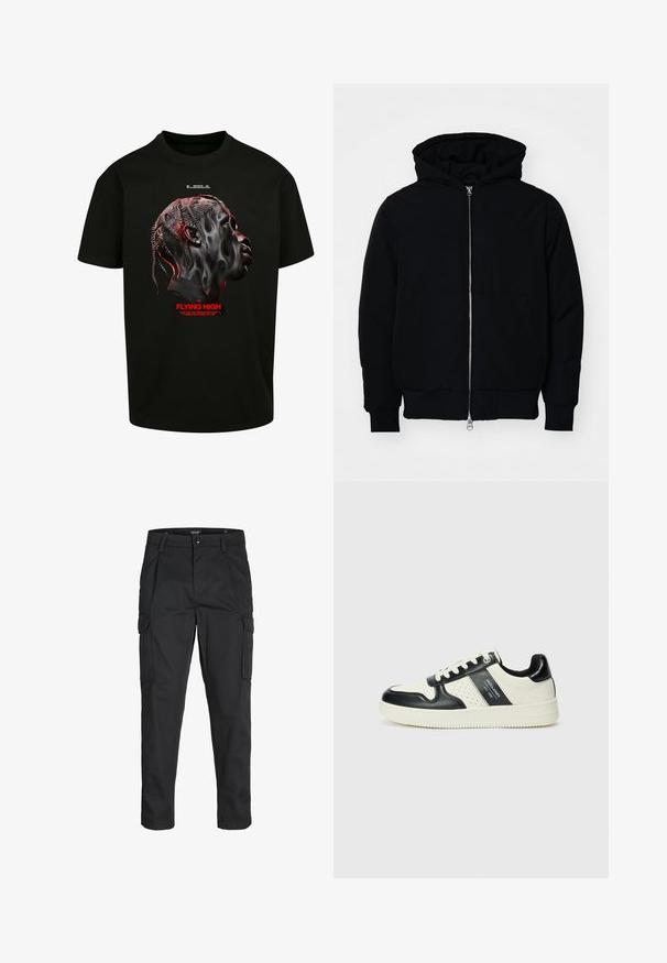 Giacca nera con cappuccio, dotata di zip frontale, tasca a marsupio, polsini e orlo a coste, esposta su uno sfondo bianco semplice.; T-shirt in cotone nero con una grafica di un volto stilizzato in tonalità di grigio e rosso, con il testo rosso che recita "VOLANDO ALTO" sotto.; Pantaloni cargo neri realizzati in un tessuto resistente, dotati di molteplici tasche, chiusura con bottone e un design aderente con gambe affusolate.; Sneakers in pelle con una combinazione di colori nero e crema, dotati di dettagli perforati, collare imbottito e suola testurizzata.