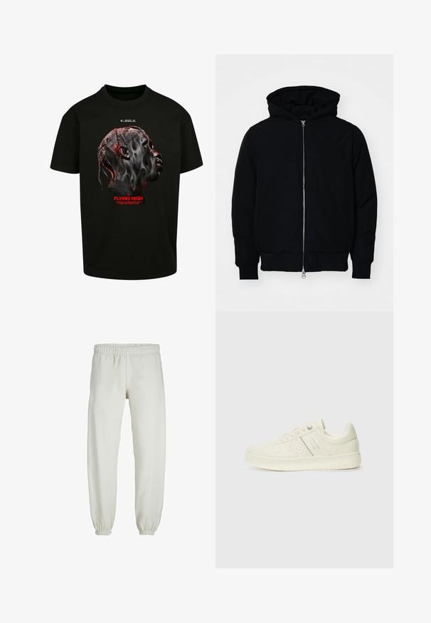 Čierna kapucňová bunda s predným zipsom, klokaními vreckami, rebrovanými manžetami a lemom, zobrazená na bielom pozadí.; Čierne bavlnené tričko s grafikou stilizovanej tváre v odtieňoch šedej a červenej, pod ktorou je červený text "LETENIE VYSOKO".; Biele teplákové nohavice vyrobené z mäkkej textílie, s elastickým pásom a manžetami, s hladkým povrchom a voľným strihom.; Krémová teniska s perforovanými detailmi, šnúrkami a logom na boku, vystavená na jednoduchej bielej pozadí.