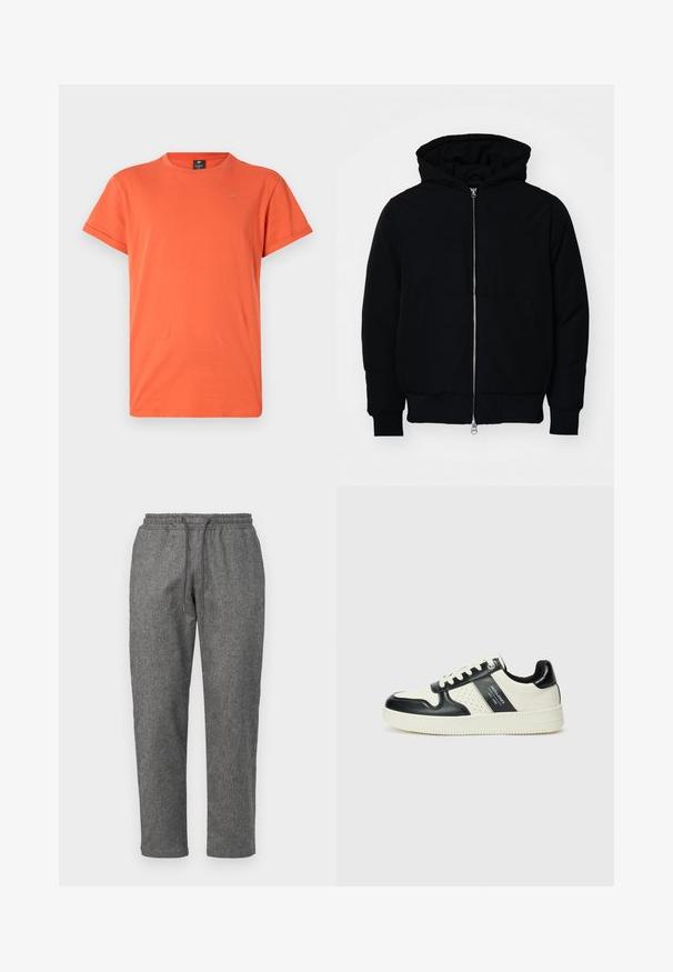 Svart hettejakke med frontglidelås, kengurulomme, ribbestrikket mansjetter og søm, vist på en ensfarget hvit bakgrunn.; Kortermet oransje T-skjorte i lett stoff med rund hals og liten logodetalj øverst til venstre.; Grå, strikkede joggebukser med snor i midjen, smale ben og et subtilt teksturmønster i stoffet.; Lædersneakers med sort og creme farveskema, der har perforerede detaljer, en polstret krave og en struktureret ydersål.