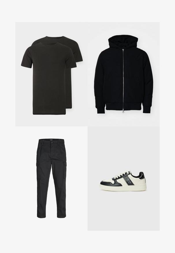 Mustat huppu-untuvatakki, jossa on vetoketju edessä, kenguru-tasku, ribatut hihansuut ja helma, esillä yksinkertaisella valkoisella taustalla.; Kaksi mustaa pyöreäkauluksista t-paitaa, jotka on valmistettu pehmeästä kankaasta. Lyhyet hihat, suora helma, eikä näkyviä kuvioita tai graafisia elementtejä.; Mustat cargo-housut, jotka on valmistettu kestävästä kankaasta. Housuissa on useita taskuja, nappisulku ja kapea istuvuus, jossa on kapenevat lahkeet.; Nahkakengät musta-kerma värimaailmassa, joissa on rei'itetyt yksityiskohdat, pehmustettu nilkkaosa ja teksturoitu pohja.