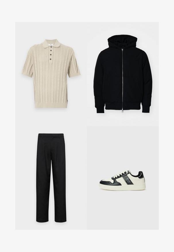 Melna kapucēta jaka ar priekšējo rāvējslēdzēju, kenguru kabatu, ribinātām aprocēm un apakšmalu, parādīta uz vienkārša balta fona.; Bēša adīta polo krekls ar īsām piedurknēm, ar kabeli adītiem rakstiem, trīs pogu aizdari un ribotām piedurknēm un apakšmalu.; Melnas bikses, izgatavotas no gludas auduma, ar taisnu kāju dizainu, divām priekšējām krokām un standarta jostu, kurai ir āķi.; Ādas sporta apavi ar melnbaltu krāsu shēmu, ar perforētiem akcentiem, mīkstinātu apkakli un teksturētu zoli.