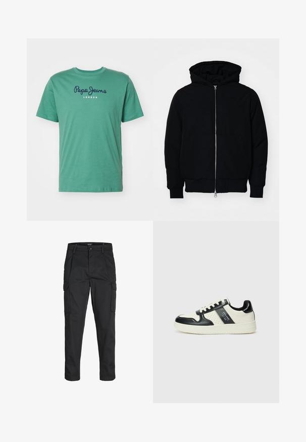 Mustaga kapuutsiga jakk, millel on esineed, kenguru tasku, soonikkoes, ja alläär, esitatud lihtsal valgel taustal.; Teal värvi puuvillane T-särk, millel on ümar kaelus, lühikesed varrukad ja rinnal sinise ja valgega trükitud "Pepe Jeans London" logo.; Mustad mustapõlvik, mis on valmistatud tugeva koe kasutades, sisaldab mitmeid taskuid, nupule kinnitatav sulgemine ja kitsenev disain.; Nahatud nahkkingad musta ja kreemi värviskeemiga, millel on perforeeritud aktsendid, pehme krae ja tekstureeritud tallad.