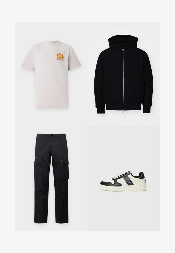 Črna kapuca jakna s sprednjim zadrgo, kenguru žepom, rebrastimi manšetami in hemom, razstavljena na enostavni beli ozadju.; Svetlo siva bombažna majica s krojem, ki ima barvit grafični motiv "Lone Château Replay" v oranžni in modri barvi na prsih.; Črne cargo hlače z več žepi, z zadrgo na stegnu, ravnim krojem in trdnim bombažnim materialom z rahlo sijajem.; Usnjeni športni čevlji z črno in krem barvno shemo, ki vključujejo perforirane dodatke, podložen ovratnik in strukturirano podplat.