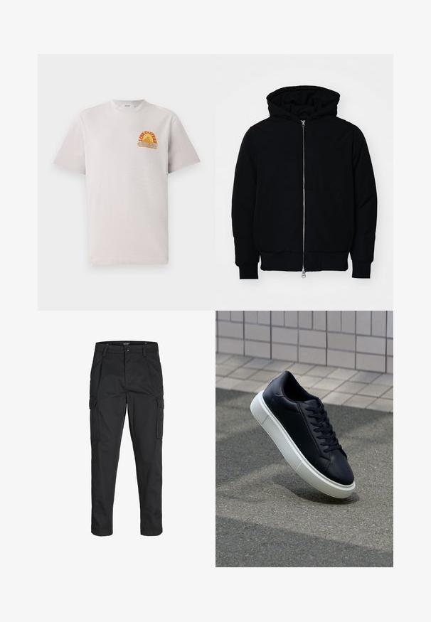 Svart hettejakke med frontglidelås, kengurulomme, ribbestrikket mansjetter og søm, vist på en ensfarget hvit bakgrunn.; Lysegrå bomulls-T-skjorte med rund hals, med fargerik "Lone Château Replay" grafikk i oransje og blått på brystet.; Sorte cargo bukser laget av slitesterkt stoff, med flere lommer, knappelukking og en slim fit-design med avsmalnede ben.; Sorte skinnsneakers med rund tå og hvit gummisåle. Har flate lisser og minimal søm på overdelen. Strukturert såle for grep.
