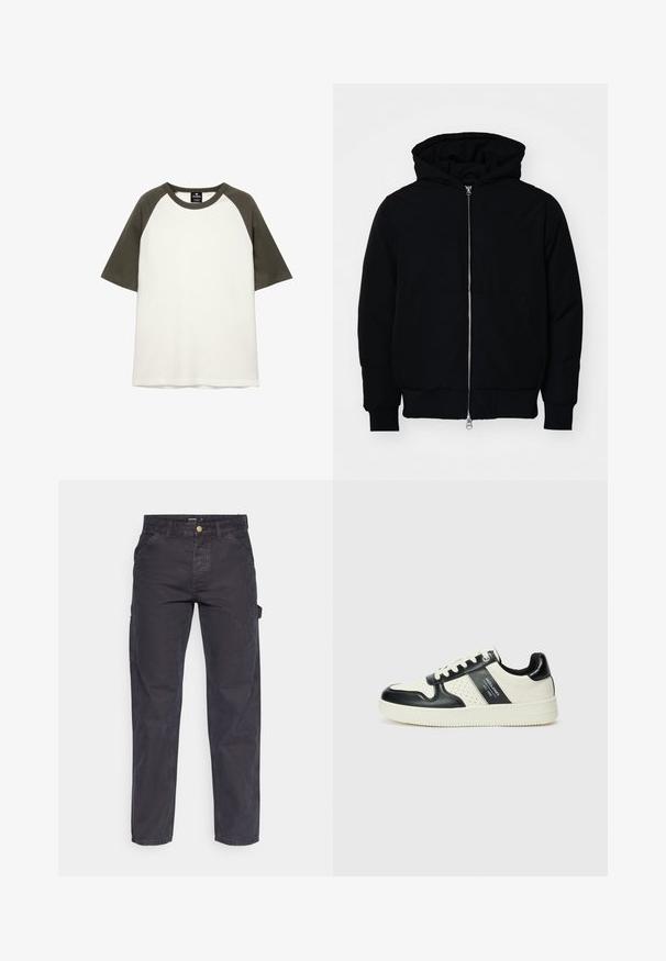 Zwarte hoodie met rits aan de voorkant, kangoeroe-pocket, geribbelde manchetten en zoom, weergegeven op een effen witte achtergrond.; T-shirt met korte mouwen van katoen, met een witte stof en donkergroene raglanmouwen en een ronde hals.; Donkergrijze cargobroek van duurzaam materiaal, met een rechte pijp, vijf zakken en een knoopsluiting in de taille.; Leren sneakers met een zwart en crèmekleurig kleurenschema, voorzien van geperforeerde accenten, een gevoerde kraag en een gestructureerde buitenzool.