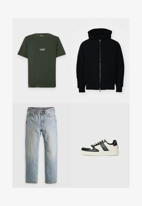 Giacca nera con cappuccio, dotata di zip frontale, tasca a marsupio, polsini e orlo a coste, esposta su uno sfondo bianco semplice.; Maglietta di cotone verde scuro a maniche corte con collo rotondo, presenta il logo bianco "JJ Studios" sul petto. Tessuto liscio, design casual.; Jeans in denim azzurro chiaro con vita alta, bottone anteriore, cerniera e design a cinque tasche, adagiati su uno sfondo neutro.; Sneakers in pelle con una combinazione di colori nero e crema, dotati di dettagli perforati, collare imbottito e suola testurizzata.