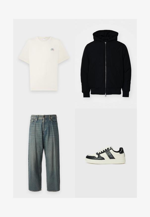 Čierna kapucňová bunda s predným zipsom, klokaními vreckami, rebrovanými manžetami a lemom, zobrazená na bielom pozadí.; Krémové bavlnené tričko s krátkymi rukávmi, s malou viacfarebnou grafikou bicykla na ľavej strane hrude.; Svetlomodré denimové nohavice so voľným strihom, stredne vysokým pásom a rovnými nohavicami. Obsahujú päť vreciek, pútka na opasok a zapínanie na gombík.; Kožené tenisky v čierno-krémovej farbe, s perforovanými akcentmi, polstrovaným golierom a štruktúrovanou podrážkou.