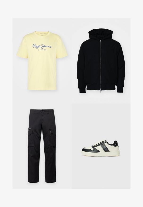 Mustaga kapuutsiga jakk, millel on esineed, kenguru tasku, soonikkoes, ja alläär, esitatud lihtsal valgel taustal.; Kollane puuvillane T-särk, millel on lühikesed varrukad ja ümmargune kaelus. Esiküljel on sinise tekstiga kirjas "Pepe Jeans LONDON". Lihtne disain.; Mustad mustree püksid, millel on mitu taskut, lukuulukuga tasku reie peal, sirge lõige ja tugevast puuvillast materjal, millel on kerge läige.; Nahatud nahkkingad musta ja kreemi värviskeemiga, millel on perforeeritud aktsendid, pehme krae ja tekstureeritud tallad.