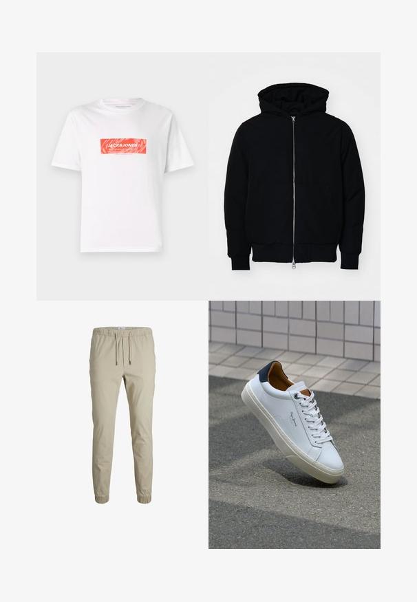 Svart hettejakke med frontglidelås, kengurulomme, ribbestrikket mansjetter og søm, vist på en ensfarget hvit bakgrunn.; Hvit bomull T-skjorte med et rødt rektangulært logodesign sentrert på fronten med teksten "JACK&JONES" og abstrakte mønstre.; Beige tapered joggere med elastisk midjebånd, snor og ankelsømmer, laget av mykt stoff. Har en glatt tekstur og minimalistisk design.; Hvit lærsneaker med marineblå hæl, rund tå og kontrasterende brune detaljer. Har flate lisser og teksturert gummisåle.