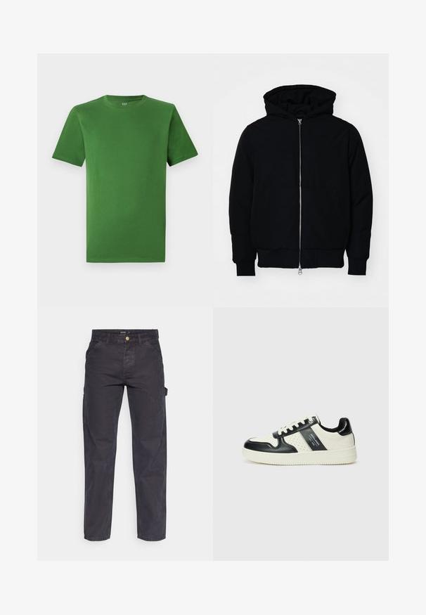 Jachetă neagră cu glugă, cu fermoar în față, buzunar tip kangaroo, mansete și tiv ribbed, prezentată pe un fundal alb simplu.; Tricou verde din bumbac, cu guler rotund și mâneci scurte. Textură netedă; fără modele sau embellishments vizibile.; Pantaloni cargo gri închis, confecționați dintr-un material durabil, cu croială dreaptă, cinci buzunare și închidere cu nasture la talie.; Tenisi din piele cu un scheme de culori negru și crem, dotati cu accente perforate, guler căptușit și o talpă texturată.