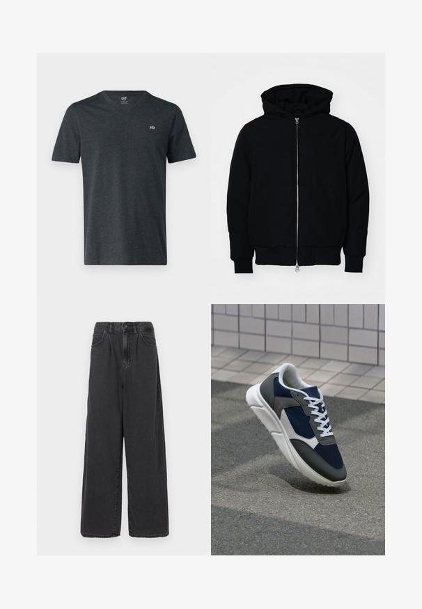 Black hooded jacket with front zipper, kangaroo pocket, ribbed cuffs, and hem, displayed on a plain white background.; GAP EVERYDAY MICRO LOGO VEE - Basic T-shirt - charcoal; Wide-leg, high-waisted black denim pants with a front button and zipper closure, featuring side pockets and a smooth texture.; Sneaker featuring a navy blue mesh upper, gray suede accents, white rubber sole, and flat white laces, designed for comfort and breathability.