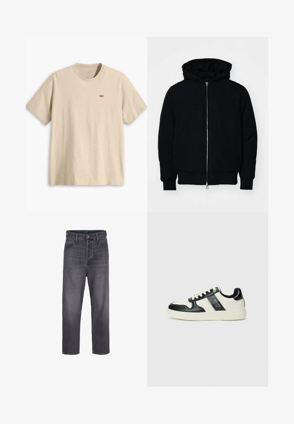 Black hooded jacket with front zipper, kangaroo pocket, ribbed cuffs, and hem, displayed on a plain white background.; Beige cotton T-shirt with short sleeves, crew neck, and a small red Levi's logo on the left chest. Smooth texture, relaxed fit.; Dark gray denim jeans with a straight leg design, high waist, five-pocket styling, and light fading. Metal button and zip fly closure.; Leather sneakers with a black and cream color scheme, featuring perforated accents, a padded collar, and a textured outsole.