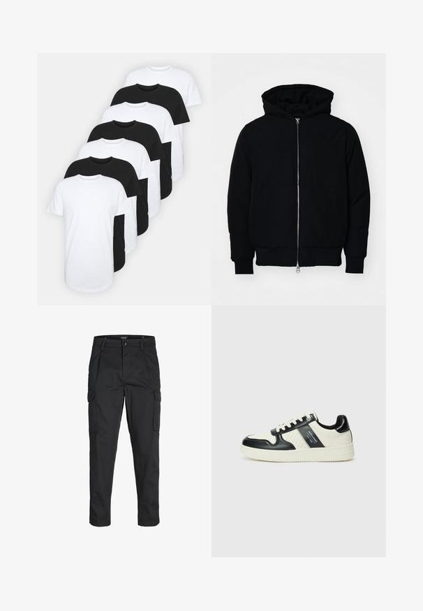 Svart hettejakke med frontglidelås, kengurulomme, ribbestrikket mansjetter og søm, vist på en ensfarget hvit bakgrunn.; Sett med åtte crew-neck t-skjorter i svart og hvitt. Kvalitetsbomull, korte ermer, standard passform, glatt tekstur med etikettdetalj.; Sorte cargo bukser laget av slitesterkt stoff, med flere lommer, knappelukking og en slim fit-design med avsmalnede ben.; Lædersneakers med sort og creme farveskema, der har perforerede detaljer, en polstret krave og en struktureret ydersål.