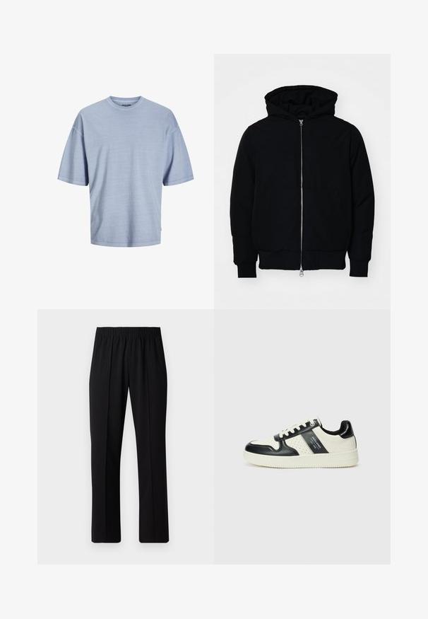 Black hooded jacket with front zipper, kangaroo pocket, ribbed cuffs, and hem, displayed on a plain white background.; Light blue short-sleeve t-shirt made of soft fabric. Features a round neckline and relaxed fit with stitched hems. Simple design, no patterns.; Black, elastic-waist trousers with a straight-leg design, featuring a smooth texture and no visible patterns or hardware.; Leather sneakers with a black and cream color scheme, featuring perforated accents, a padded collar, and a textured outsole.