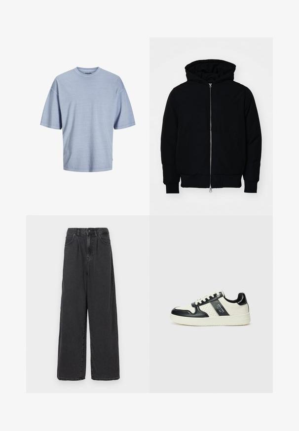 Chaqueta negra con capucha, cierre frontal, bolsillo tipo canguro, y puños y dobladillo acanalados, exhibida sobre un fondo blanco liso.; Camiseta de manga corta azul claro, hecha de una tela suave. Presenta un escote redondo y un corte relajado con dobladillos cosidos. Diseño simple, sin patrones.; Pantalones de denim negros de tiro alto y pierna ancha, con cierre de botón y cremallera en el frente, que cuentan con bolsillos laterales y una textura suave.; Zapatillas de cuero con un esquema de colores negro y crema, que cuentan con acentos perforados, un collar acolchado y una suela texturizada.
